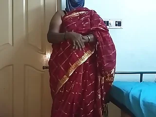 desi  indian tamil telugu kannada malayalam hindi horny cheating wife vanitha wearing cherry red colour saree showing fat confidential and shaved pussy press hard confidential press nip rubbing pussy masturbation
